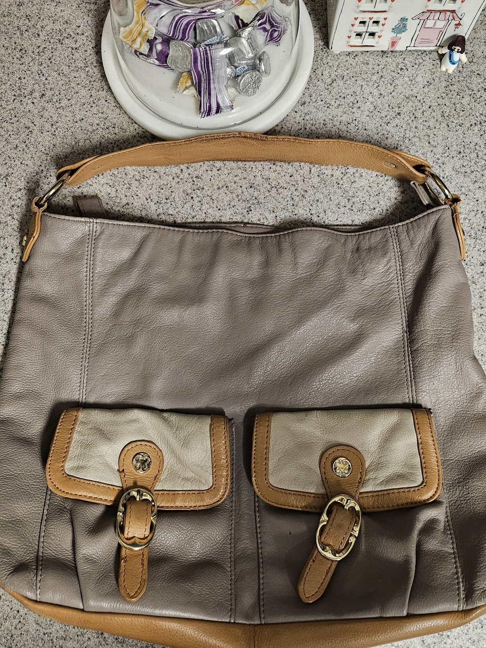 Emma Fox Taupe Shoulder Bag with Tan Trim and Pockets